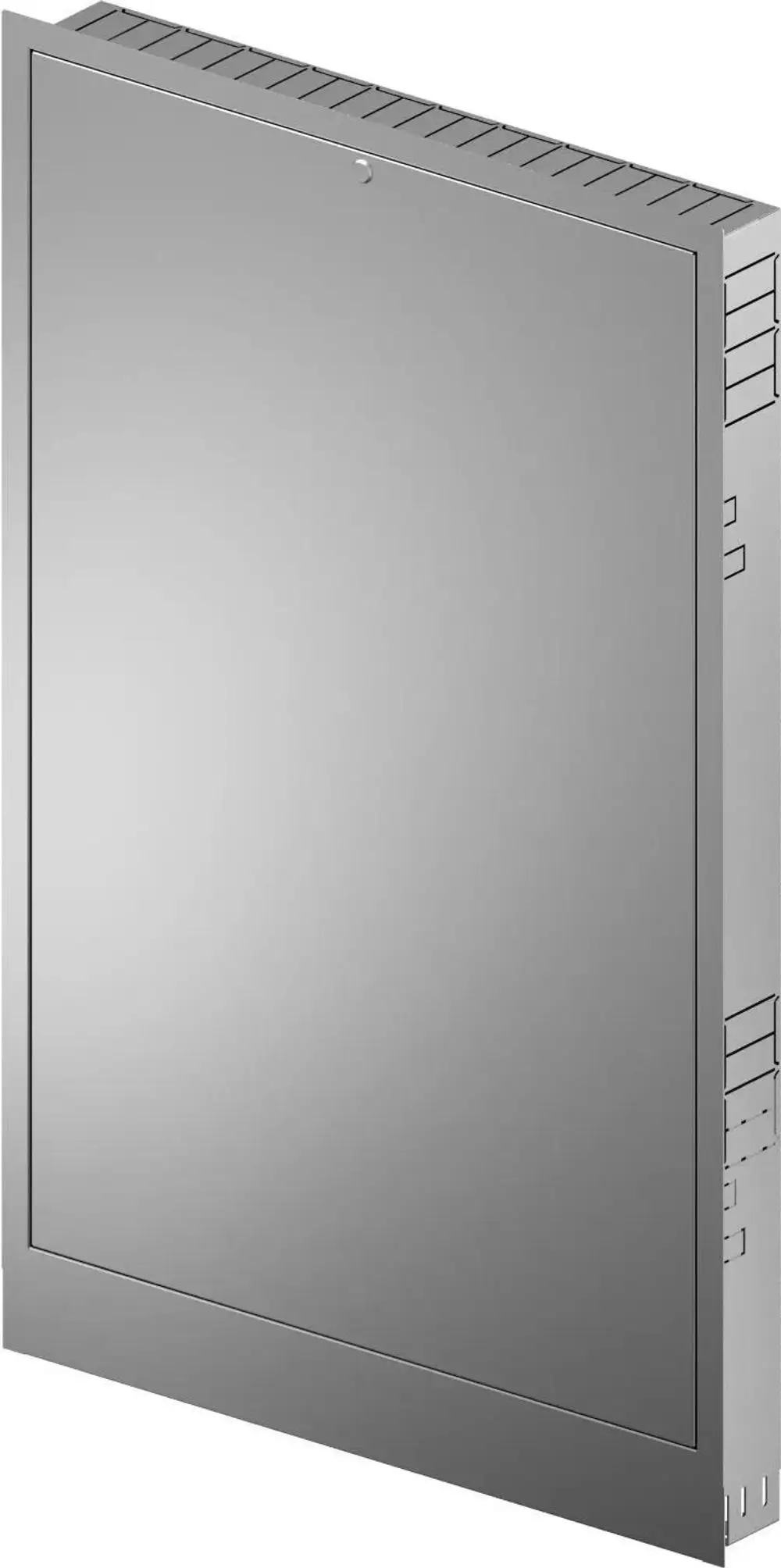 Schrank mit glatter Front in Silber, von Uponor, geeignet für Montage in Wänden, mit seitlichen Belüftungsschlitzen.